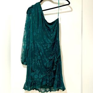 Lace dark green mini dress. Long sleeve One shoulder (worn once)